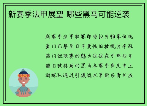 新赛季法甲展望 哪些黑马可能逆袭
