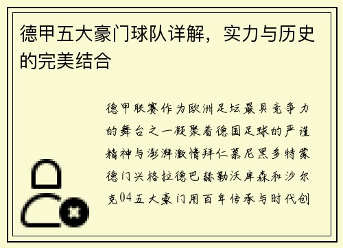 德甲五大豪门球队详解，实力与历史的完美结合